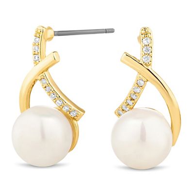 Gold cross pave pearl earring